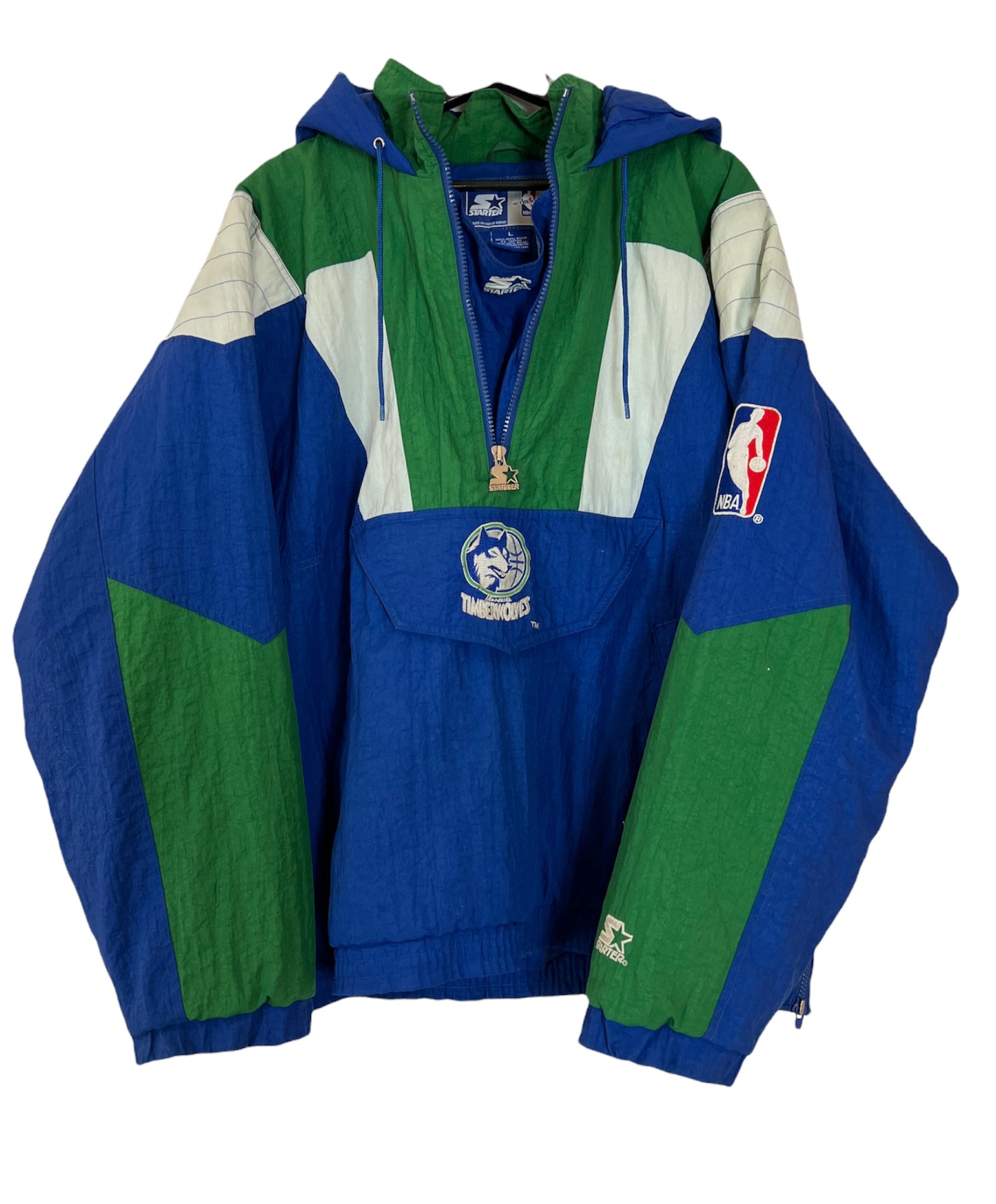 Starter Minnesota Timberwolves Half Zip puffer jacket warm up blue/ green white Size XLarge