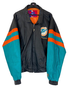 Pro Player Miami Dolphins NFL Bomber leather jacket Black Turquoise orange Size Large freeshipping - Unique Pieces Vintage