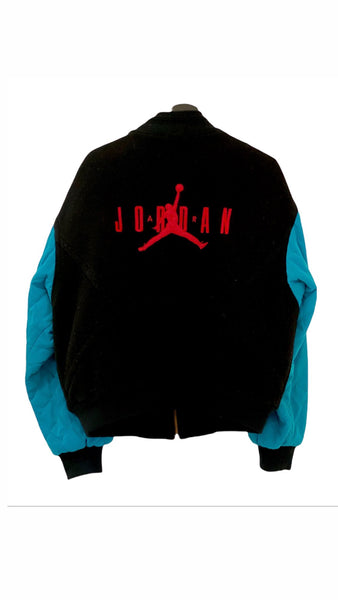 Nike Air Jordan V Blouson Velour jacket embroiled Logo black turquoise medium freeshipping - Unique Pieces Vintage